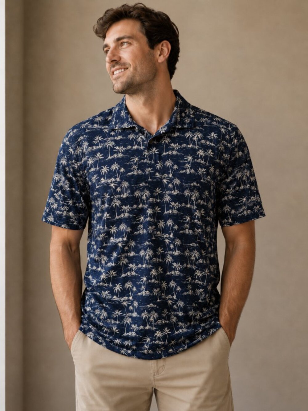 Chaps Performance Polo Shirt Men 2XL Navy Hawaiian Palm Tree Print Short Sleeve